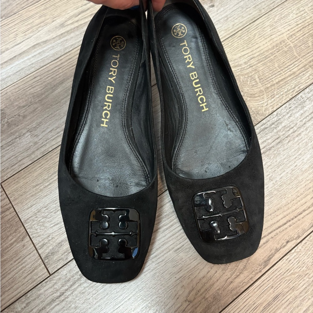 Unique Tory Burch all Black Suede and Logo Ballet Flats